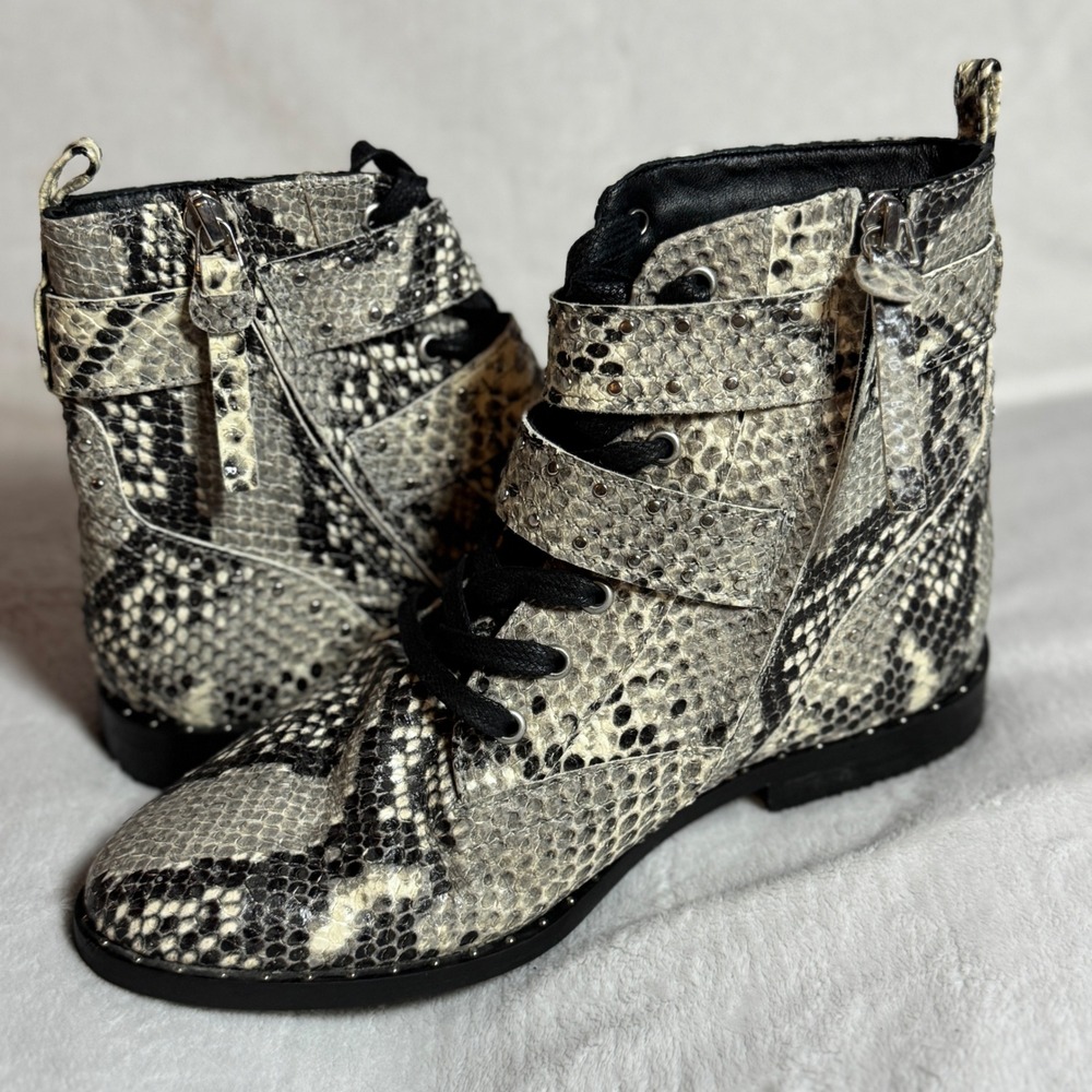 Ted Baker Snake Print Leather Lace Up Ankle Bootie Buckle & Zip, Women's Size 6